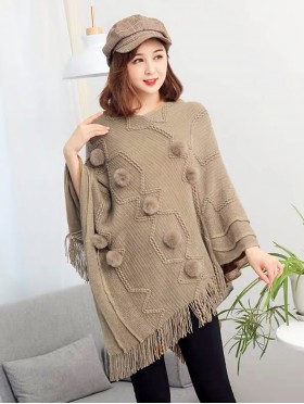 Soft Knitted Solid Poncho W/ Pom Pom & Fringes